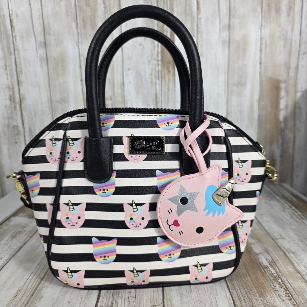Luv Betsey by Betsey Johnson Striped Unicorn Cat Crossbody Satchel Bag Black